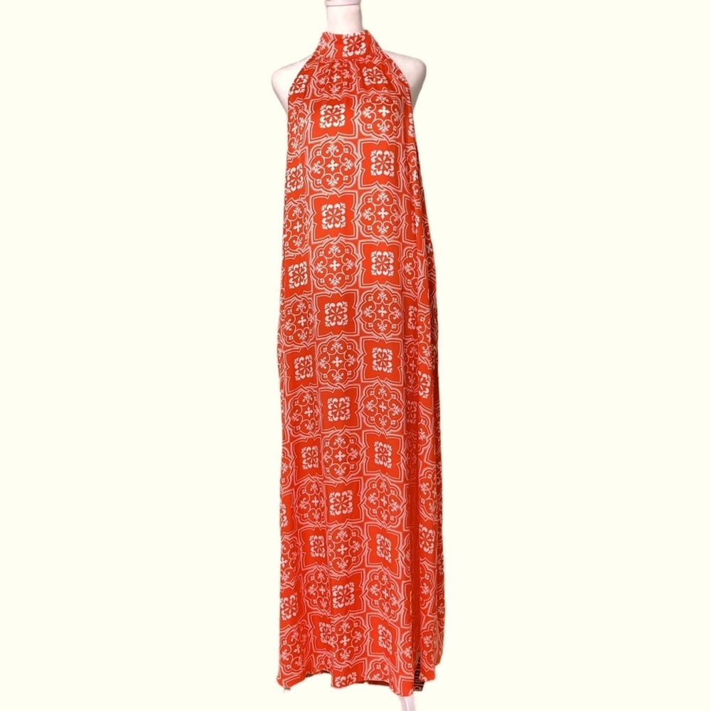 Ann Taylor Tiled Halter‎ Maxi Dress Orange/White (Size L)